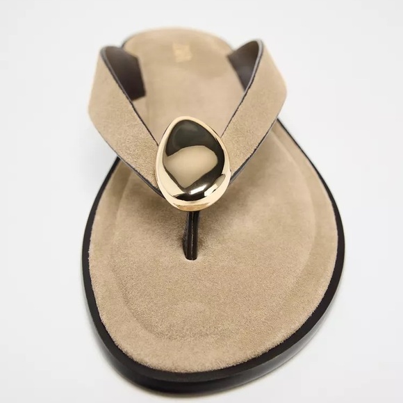 Zara Flat Split Suede Sandal with Metal Embellishment - Picture 2 of 5